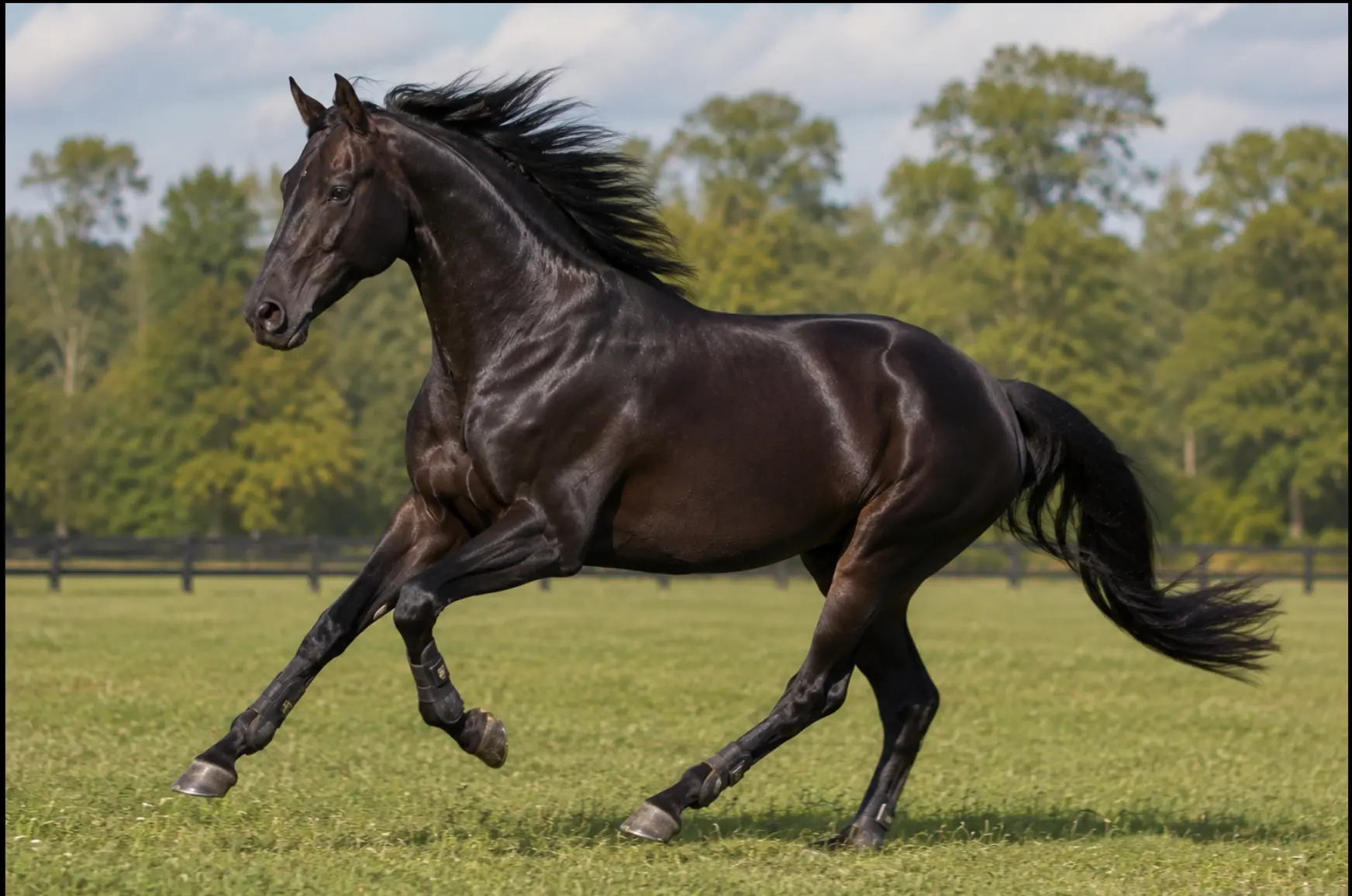 Dark horse in full gallop across a green field