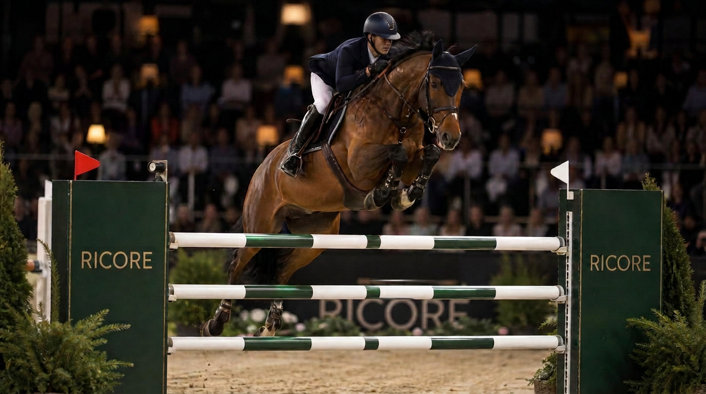 Horse and rider clearing a Ricore-branded show jump in an indoor arena